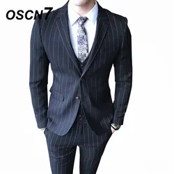 OSCN7 Повседневное Бизнес в полоску 3 предмета костюм Для мужчин 2019 свадебное платье костюм-смокинг для Для мужчин вечерние джентльмен W6388 3