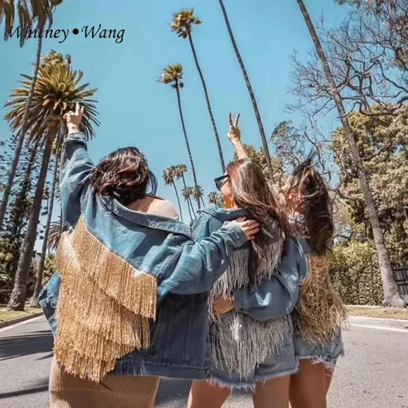 

WHITNEY WANG 2019 Spring Autumn Fashion Streetwear Handmade Beadings Layered Tassel Denim Jacket Women Stylish Jean Coat