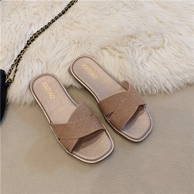 

Women Slippers Fashion Crystal Flat Heel Summer Shoes Female Indoor Outside Bling Beach Slides Open Toe Rhinestone Ladies Shoe