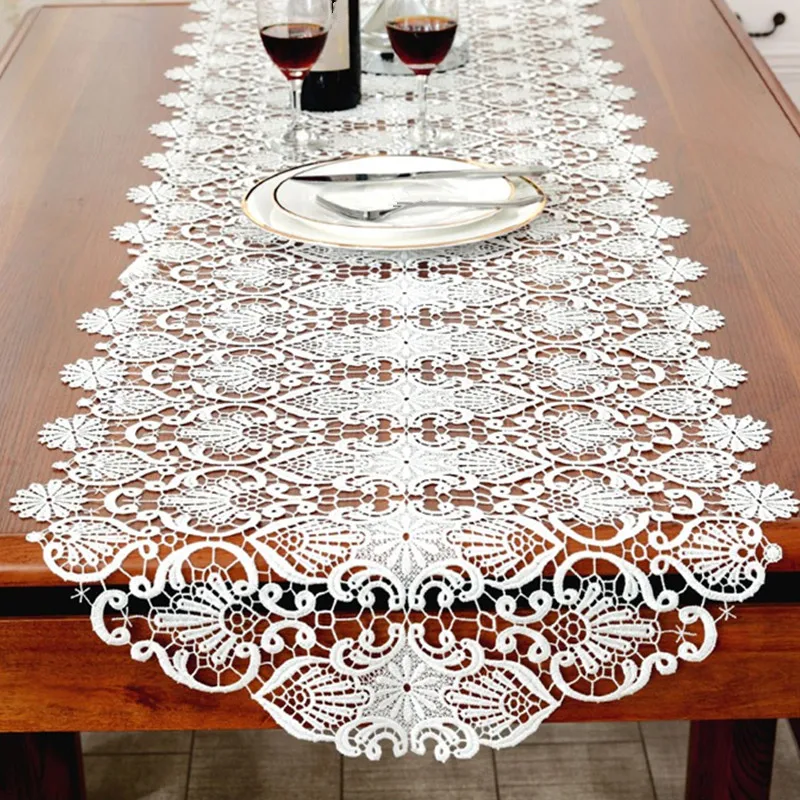 

White Embroidery Table Runner Elegant Lace Tableware for Dining Room Restaurant Cafe Wedding Party Event Catering Decoration P6
