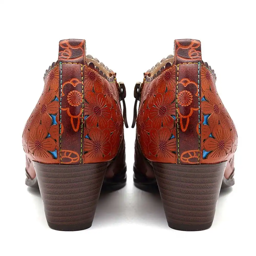 Женское Ретро богемная Для женщин женские туфли-лодочки с цветочным узором из настоящей кожи с отверстиями на высоком каблуке удобные и застёжкой-молнией женские туфли-лодочки Дамская обувь