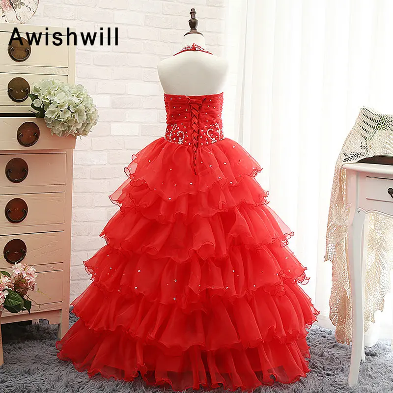 Красное бальное платье с цветочным узором для девочек, платья с лямками на шее, многоуровневые, OrganzaLace-up, длина до пола, пышные платья для