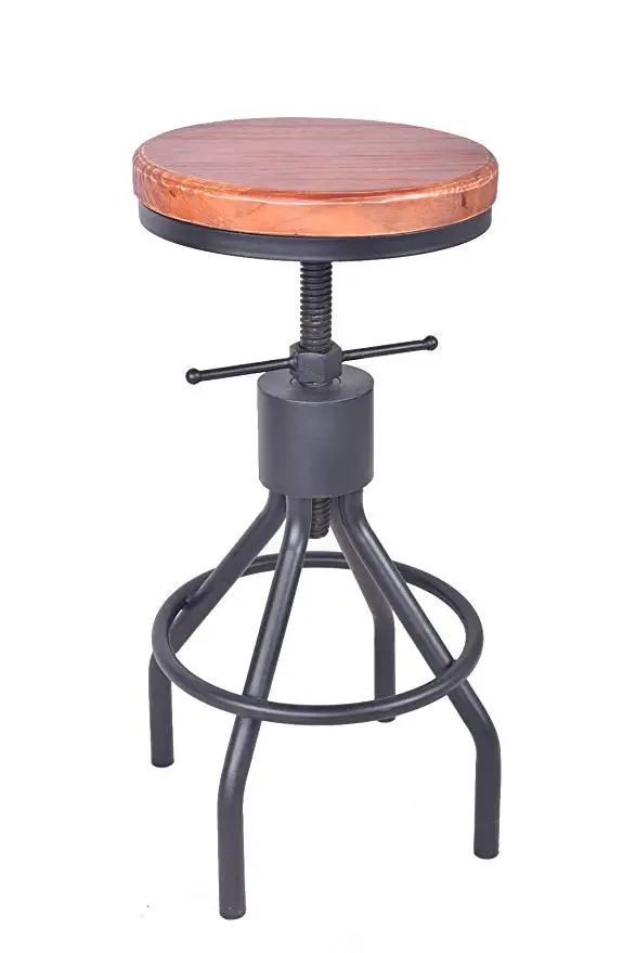 American Antique Industrial Furniture Design Solid Wood and Black Metal Bar Stool Adjustable Coffee Dining Bar Chair American Antique Industrial Furniture Design Solid Wood and Black Metal Bar Stool Adjustable Coffee Dining Bar Chair