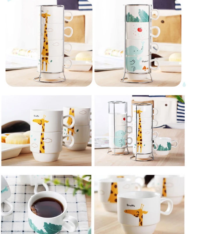 4 шт., набор керамических чашек для родителей и детей с рисунком жирафа и слона, ручная роспись, посуда для чая, молока, кофе, подстаканник