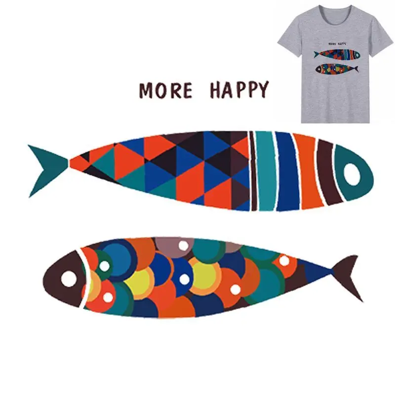 

25x18cm Colorful Fish Iron On Stickers Washable Appliques A-level Patches Heat Transfer For T-shirt DIY Accessory Clothing