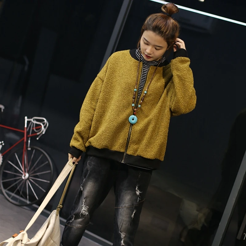 

2018 Winter Newest The lambs wool jacket Zipper Stand Neck Patchworks Loose Cool Warm berber Fleece Jacket Coat For woman A0dZ20
