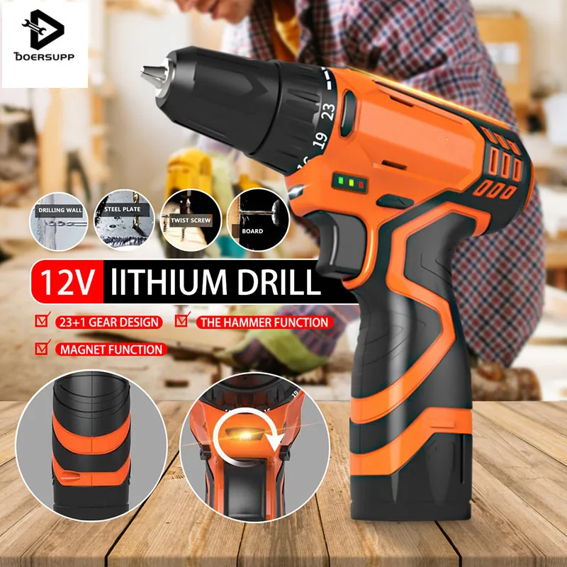 

doersupp 12V Electric Screwdriver Cordless Drill Impact Drill Mini Wireless Power Tools With Lithium Battery 2-Speed