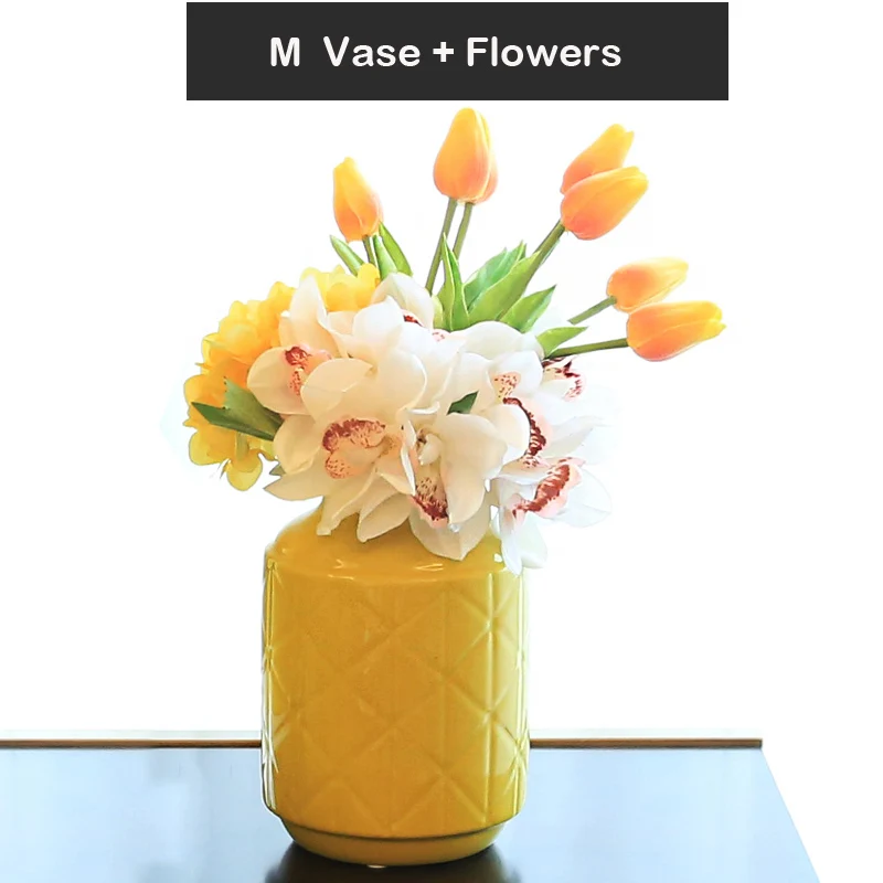 Современный желтый зеленый керамический Вазы Свадебные вазы для украшения стола цветочные вазы для украшение для дома ремесла ваза с цветами - Цвет: yellow M With flower