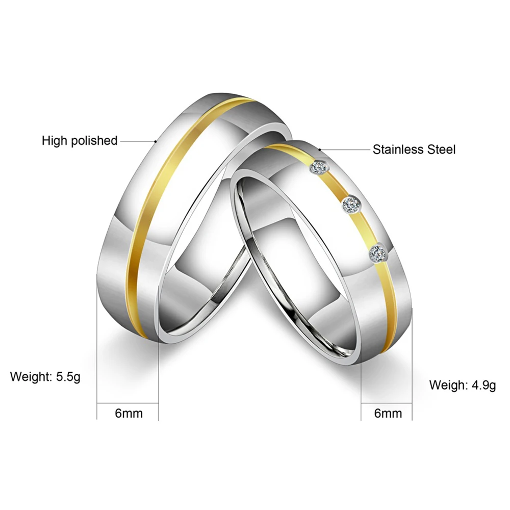 Silver Cubic Zirconia Wedding Rings Stainless Steel Anniversary Couple Rings For Lover's Jewelry