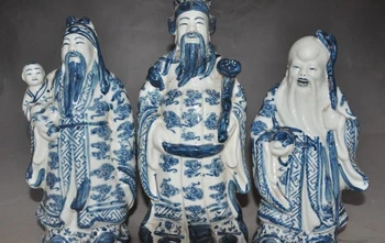 

11" China buddhism Blue&White Porcelain Fukurokuju Longevity 3 Gods statue Set