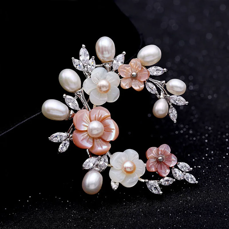 

Fashion Horse Eye AAA Cubic Zirconia Micro Pave Setting Freshwater Pearl Shell Flower brooch Women Jewelry Dress Accessories