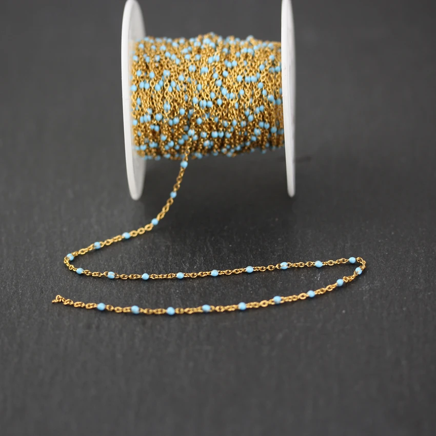 

2mm Blue Enamel Round Shape Beads Chain Handmade Jewelry,Wire Wrapped Golden Plated Stainless Steel Links Fashion Necklace Craft