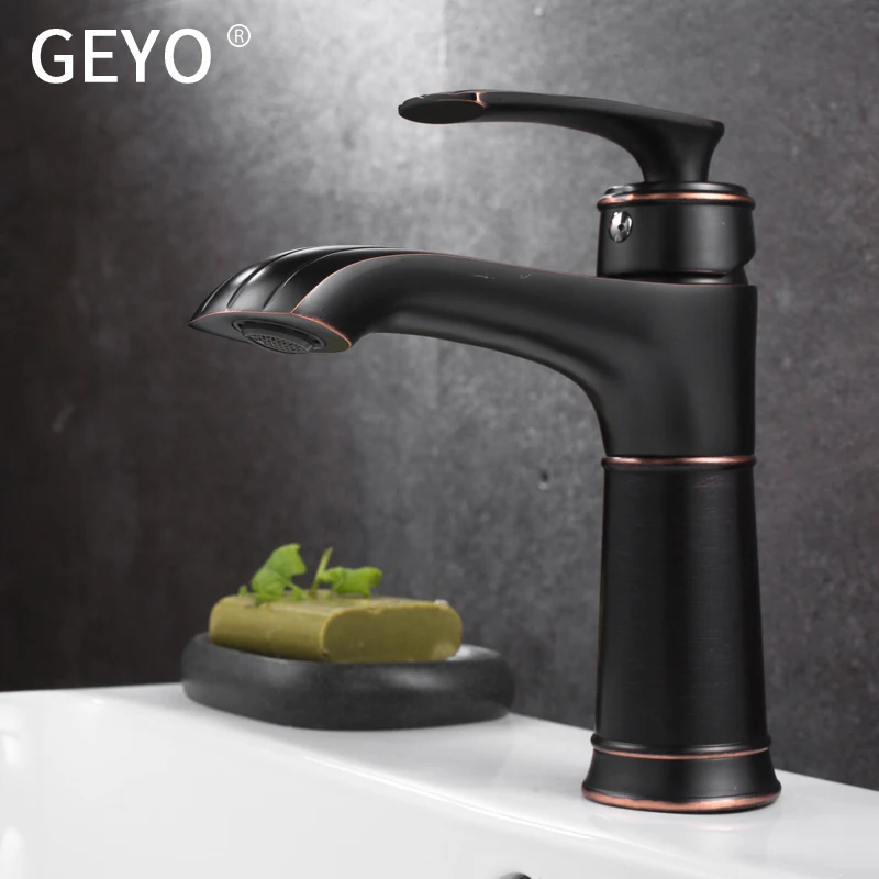 GEYO Antique Kitchen Black Copper Bathroom Faucets Basin Faucets Brass OilRubbed Bronze Faucet Bathroom Shower Hot Cold MixerTap