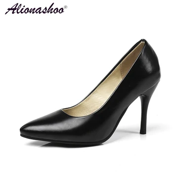 

Plus Size 34-45 Pointed Toe High Heels For Sexy Lady Comfortable Thin Heels Shallow Women Shoes Faux Leather Office Shoes Ladies