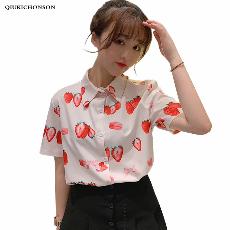 

Japanese Kawaii Short Sleeve Blouse Women Summer Tops Preppy Style Teenagers Streetwear Strawberry Print Casual Loose Shirts