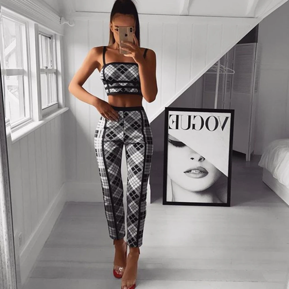 

2019 Newest omen Black Dot Patchwork Spaghetti Strap Bodycon Fashion Jumpsuit Jacquard Backless Two 2 Pieces Bandage Jumpsuits