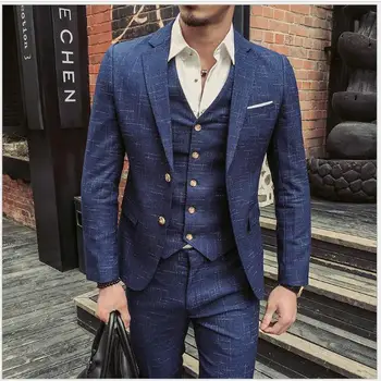 

( Jackets + Vests + Pants ) New Men's Fashion Boutique Lattice Groom Wedding Dress Suits Three-piece Suits Men's Business Suits
