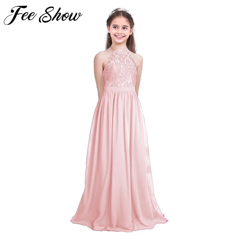 Vestods/лето г.; детское платье для девочек; кружевное шифоновое платье без рукавов с лямкой на шее, с цветочным рисунком, с высокой талией; милое ТРАПЕЦИЕВИДНОЕ ПЛАТЬЕ длиной до щиколотки