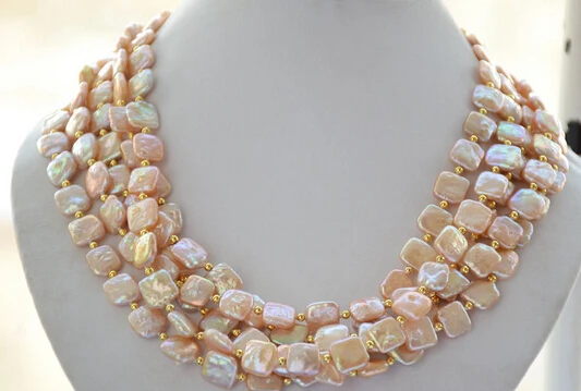 

huij 001738 5strands 13mm NATURE pink square coin freshwater pearl necklace