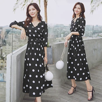 

Temperament Thin Midi Dress Dot Split Sashes Dress Women Summer New Fashion Dress Elegant Wild Classical Vestido De Festa