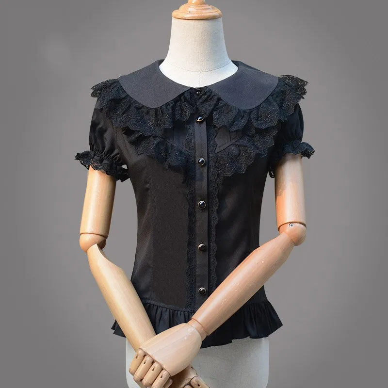 

Summer Women Cute Lace Shirt Lolita Short Sleeve Chiffon Shirt Blouse Puff Sleeve Gothic White Black Blouses Tops