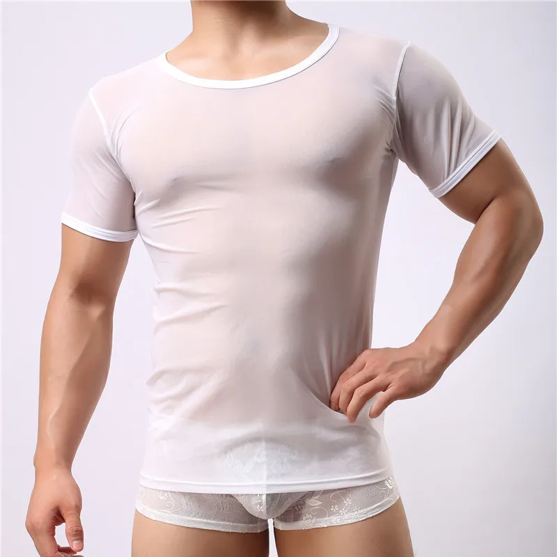 Для мужчин Нижняя прозрачная рубашка футболка без рукавов сетки мужская майка видеть сквозь белье мужской пижамы сексуальный костюм боди - Цвет: White(Only Tops)