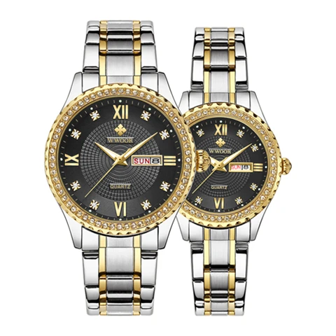 WWOOR парные часы мужские часы лучший бренд класса люкс кварцевые женские часы Дамская одежда наручные часы модные повседневные часы для влюбленных - Цвет: Gold Black Jianjin