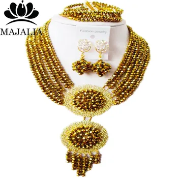

Majalia Fashion Nigeria Wedding African Beads Jewelry Set Golden color Crystal Necklace Bridal Jewelry Sets Free Shipping 6DN002