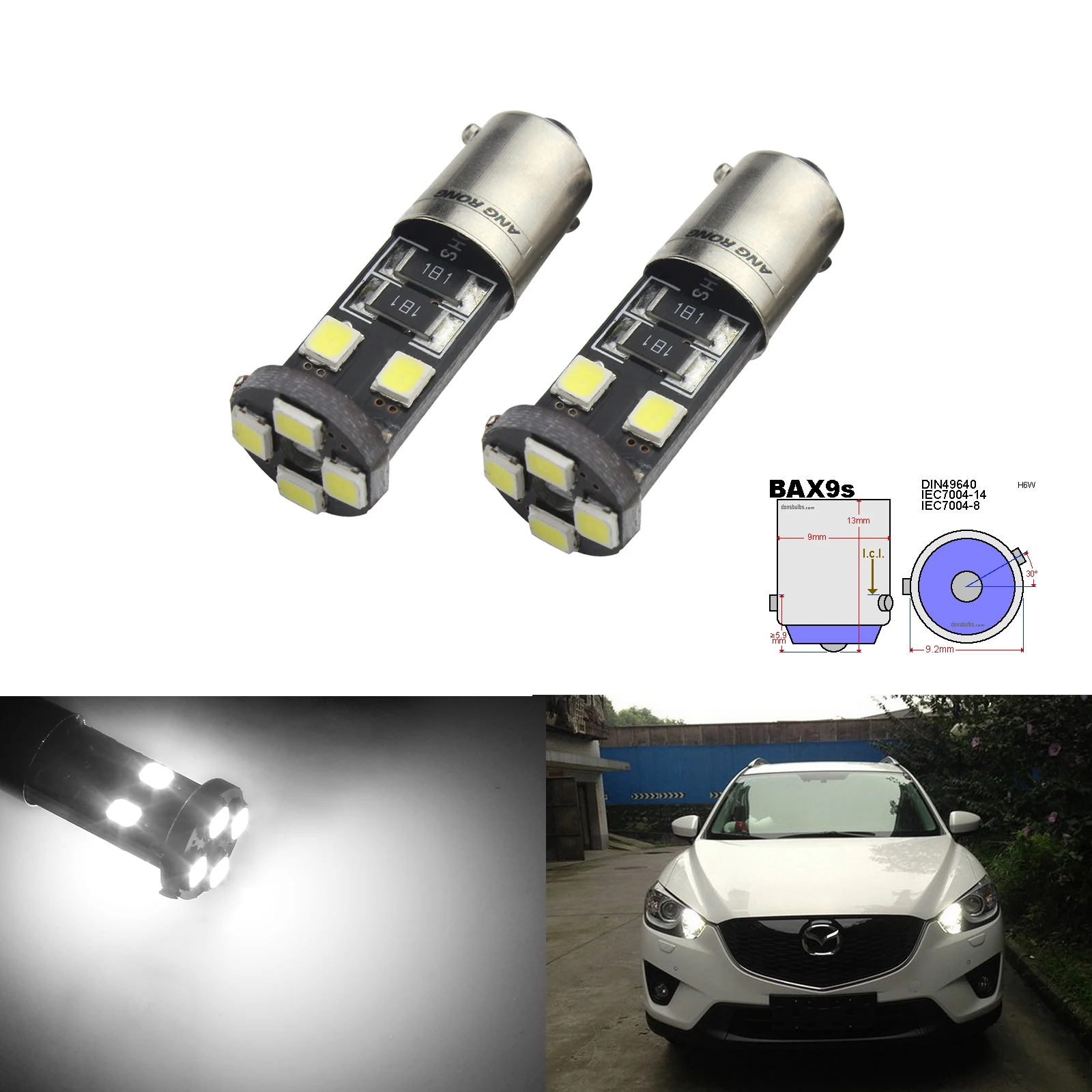 

ANGRONG 2x BAX9S H6W 433 434 Bulbs 5W LED Side Light Driving Lamps DRL Canbus No Error