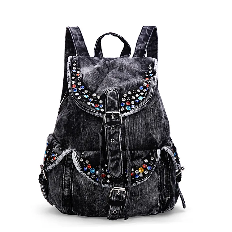 

Jean Denim Women Backpacks Large Capacity Shoulder Bags European style Rivets Travel Bags Casual School Bags