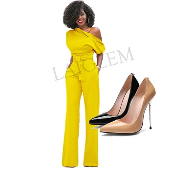 

LAIGZEM Women Jumpsuit One Shoulder Short Sleeve Asymmetrical Straight Leg Long Jumpsuits Cloth Woman Wide Leg Loose Long Pants