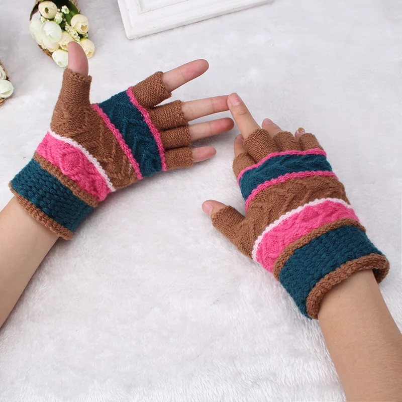 Модные зимне-осенние рукавицы с открытыми пальцами, с компьютерным цветочным узором, зимние толстые перчатки без пальцев для женщин и девочек
