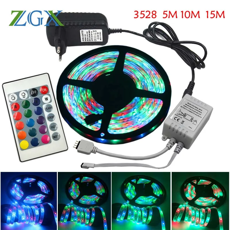 

SMD RGB LED Strip light 3528 300LED 5M 10M 15M Decor indoor Flexible tape ribbon lamp waterproof EU US 24 Keys DC12V adapter set