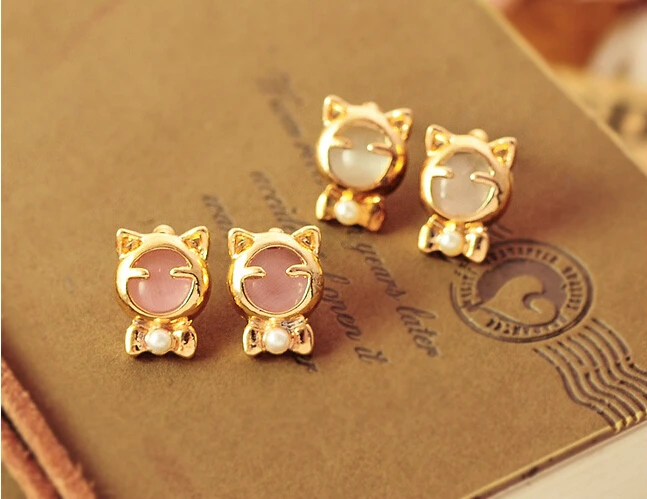 New Fashion kitty cat earrings knot earrings pearl...