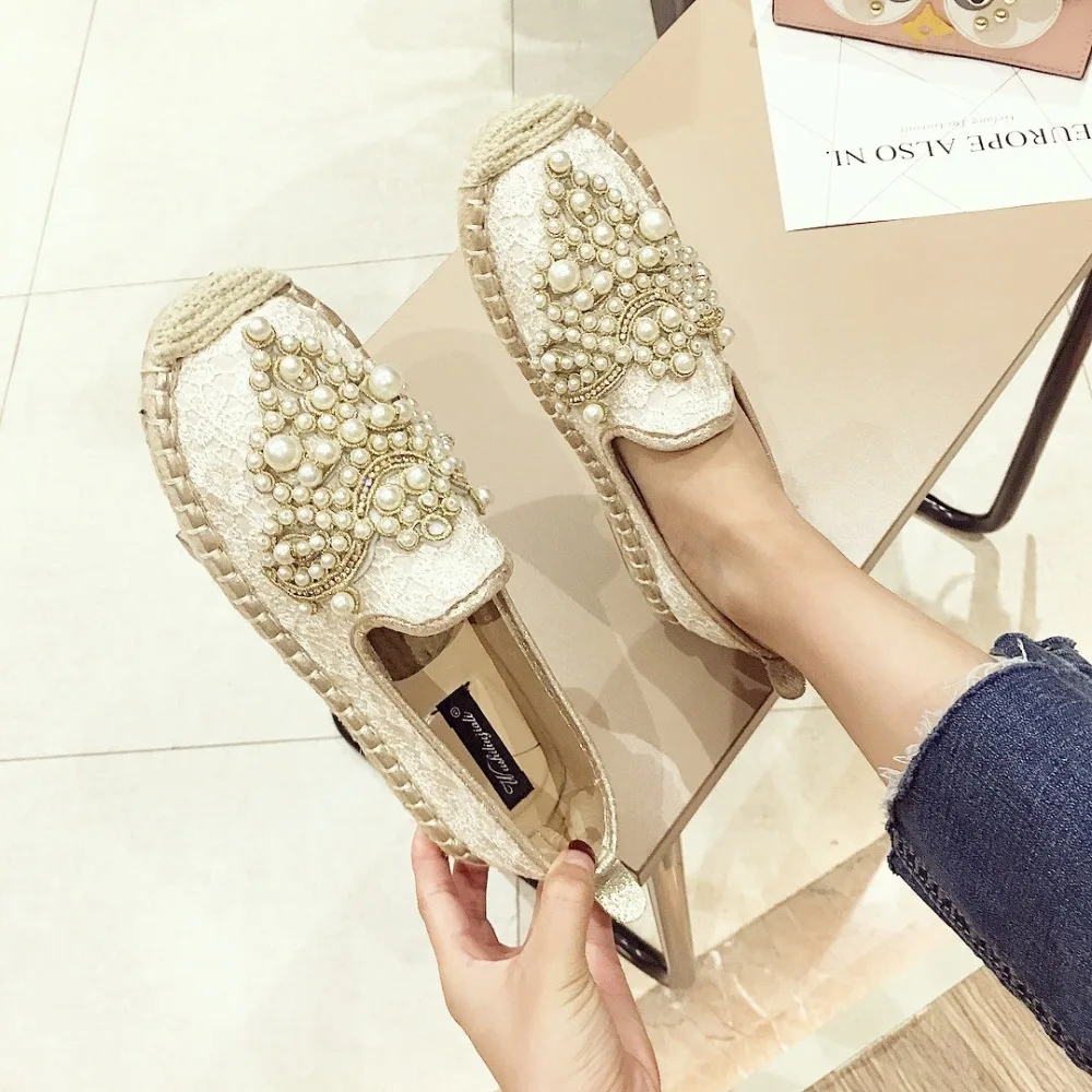 

loafers Slip-On Rubber women Round Toe Lace-Up String Bead Loafers Crystal Fabric PU fashion Casual Hemp flat Basic woman