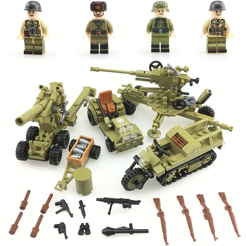 

WW2 Soviet Army Soldiers Figures blocks toys Military weapons antiaircraft gun Tracked motorcycle building blocks Bricks toys