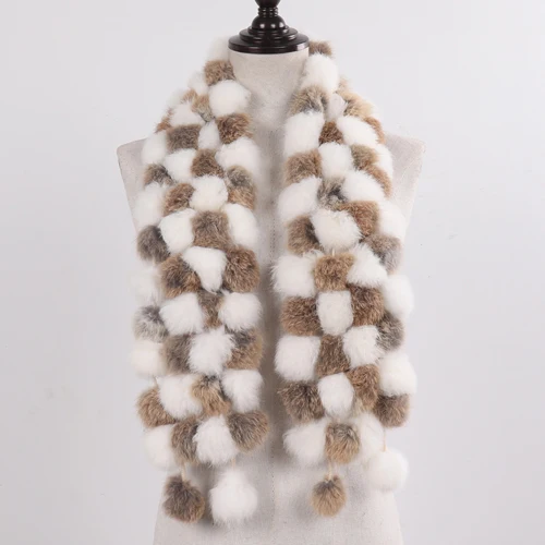 New Winter Women Real Rabbit Fur Scarf Natural Warm Rabbit Fur Muffler Girl Fashion Knitted Genuine Rabbit Fur Scarves - Color: rabbit yellow white