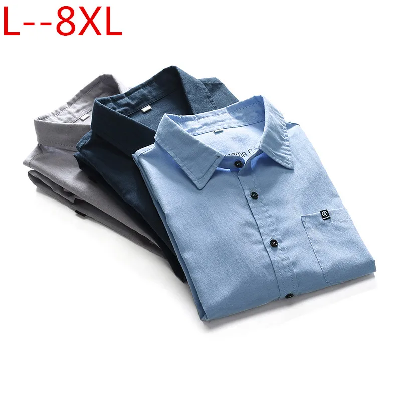 plus size 8XL 6XL 5XL 4XL New Arrived 2018 mens work shirts Brand Long sleeve solid men dress blue gray male | Мужская одежда