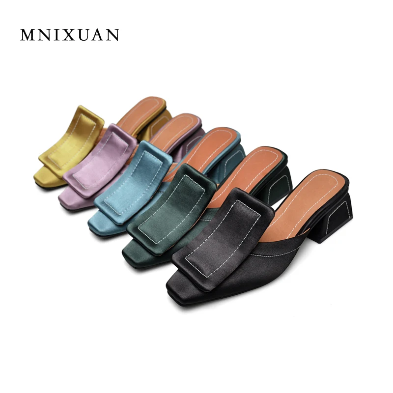 

MNIXUAN mules shoes women 2018 summer new silk retro square toe solid slippers sandals 5cm height medium heels big size 34-43