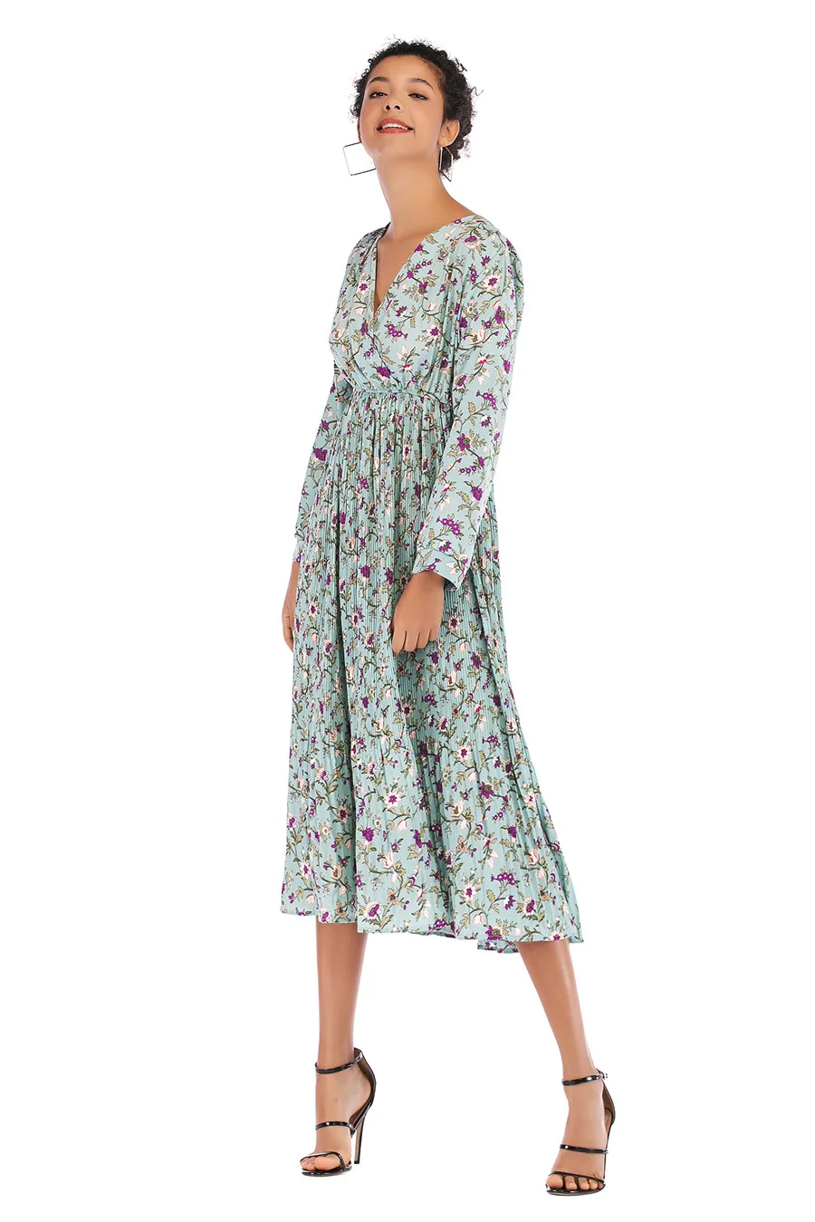 Gladiolus Hot 2018 Autumn Dress Women Long Sleeve V-Neck Sexy Floral Print Tunic Loose Midi Chiffon Dress Women Beach Sundress (13)
