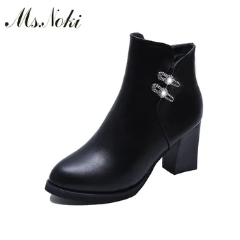 

Ms Noki Crystal PUWomen Boots 2017 Fashion Shoes Pointed toe Woman Square heel Ankle Boots Winter Casual Ankle Boots Women Shoes