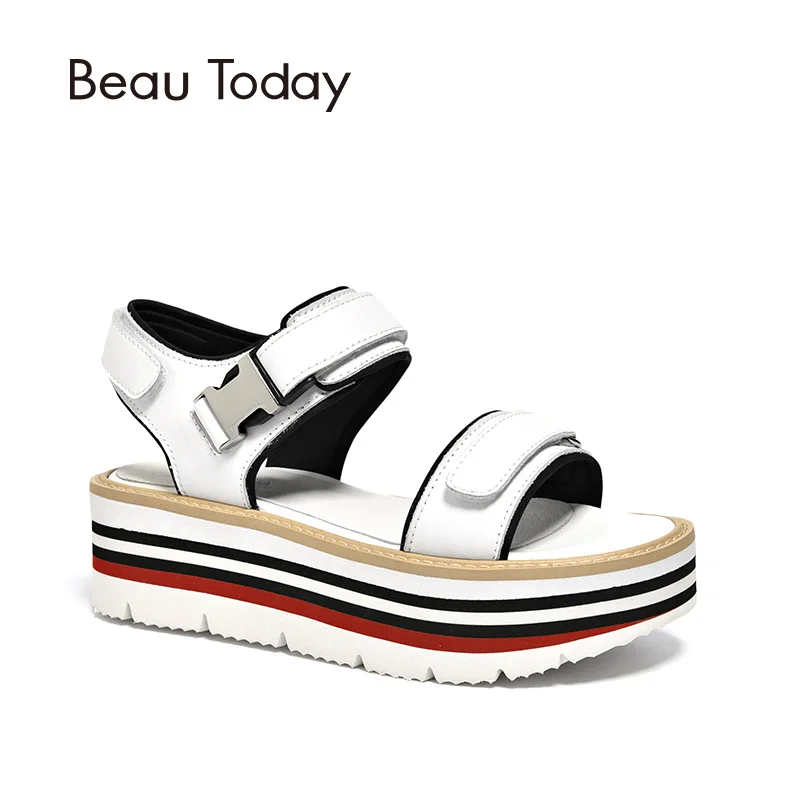 

BeauToday Flat Platform Women Sandals Calfskin Genuine Leather Wedges Heel Female Summer Shoes Handmade 32055