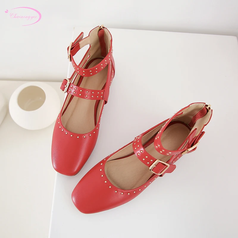 

European street style comfortable round toe leather fashion rivets buckle natural leather black red beige flat with women shoes