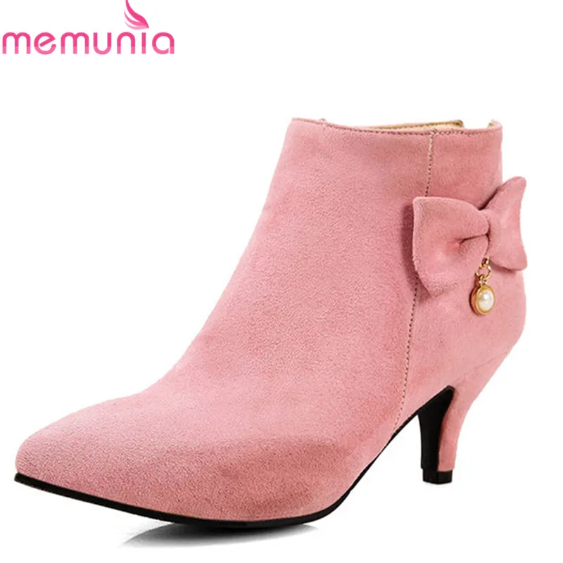 

MEMUNIA 2018 big size 33-48 ankle boots for women pointed toe flock autumn boots bowknot sweet party wedding shoes woman