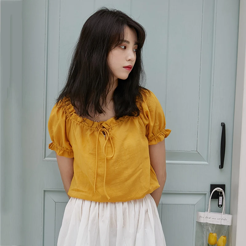 

Korean Chic Lace-Up Slash Neck Short Sleeve Blouse Women 2019 Summer Casual Blouses Yellow/White Woman Cute Blusa Tops