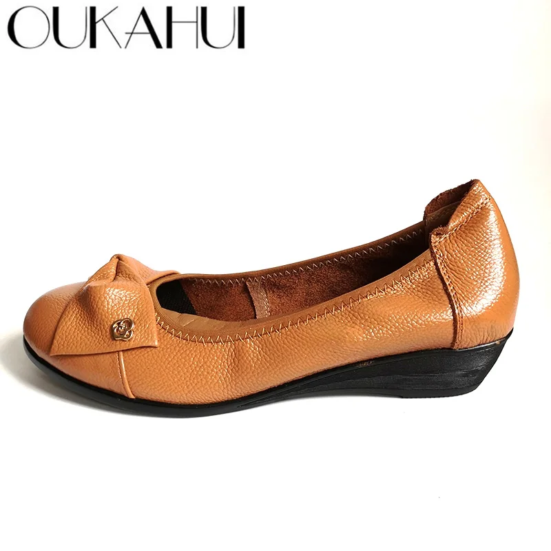 

OUKAHUI Genuine Leather 2018 autumn women ballet flats shoes summer bowknot decoration Breathable Comfortable ladies shoes flats