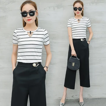 

New Korean Fashion Stripe T Shirt & Wide-Legged Pants Casual Suit Women'S Leisure Two-Piece Clothing Set With Short Sleeves 3XL