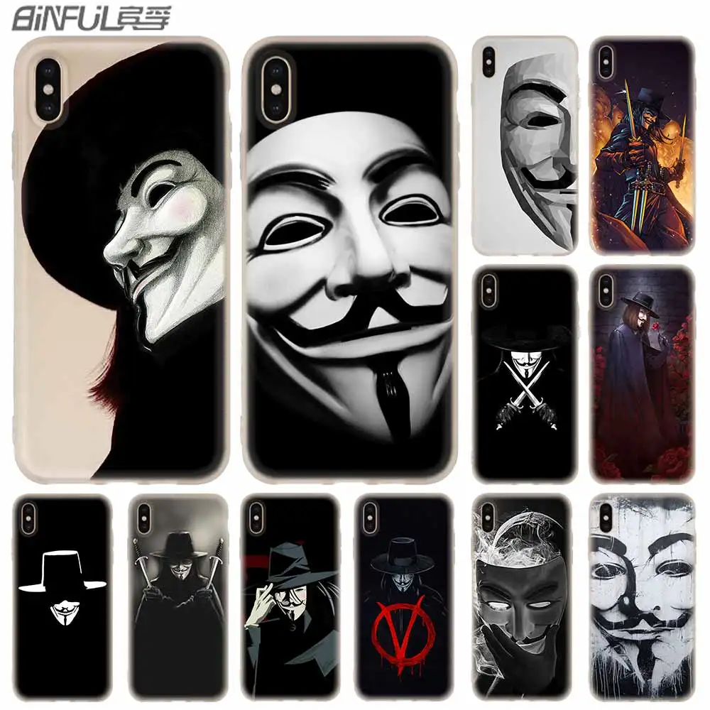 

Cases Silicone soft Cover for iPhone 11 Pro X XS Max XR 6 6S 7 8 Plus 5 4S SE V for Vendetta Mask rose