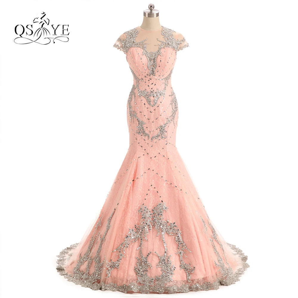 peach and silver prom dresses