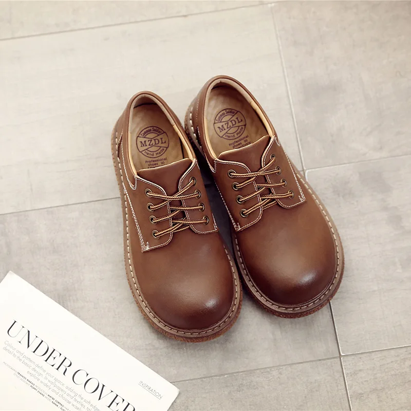 

QPFJQD Japanese Style Women Big Head Shoes Vintage Thick Sole Harajuku College Student Casual Lace Up Split Leather Oxfords Shoe